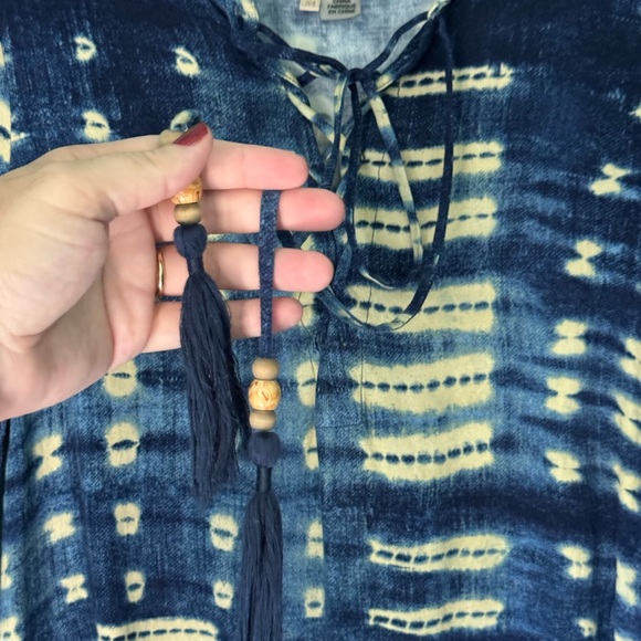 Chaser Long Sleeve Wood Button Tie Dye Tassel Lace Up Top - Picture 5 of 6